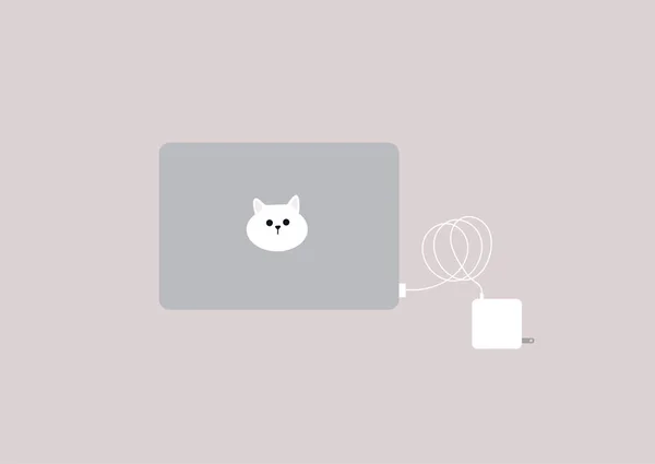 Ein Satz Laptops Und Netzteile Ein Niedlicher Katzenkopf Aufkleber Auf — Stockvektor