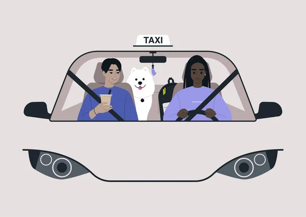 出租车 司机和乘客坐在前排 狗在后座上 城市生活方式的前景 — 图库矢量图片