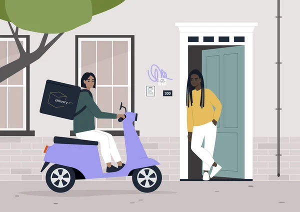 Servicio Entrega Mensajero Que Llega Puerta Del Cliente Scooter Eléctrico — Archivo Imágenes Vectoriales