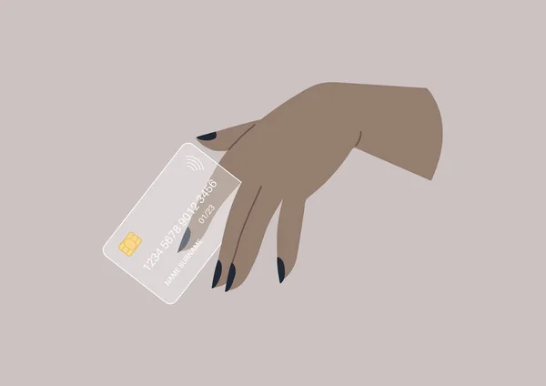 Eine Hand Hält Eine Transparente Plastikkreditkarte Drahtlose Transaktion — Stockvektor