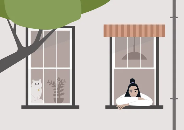 Jeune Personnage Asiatique Féminin Restant Maison Regard Par Fenêtre Une — Image vectorielle