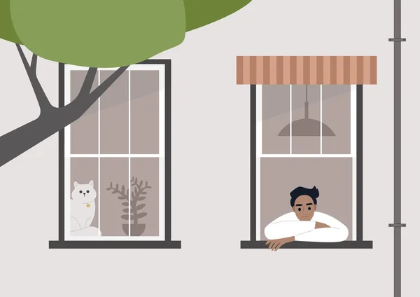 Jeune Personnage Masculin Restant Maison Regard Par Fenêtre Une Scène — Image vectorielle