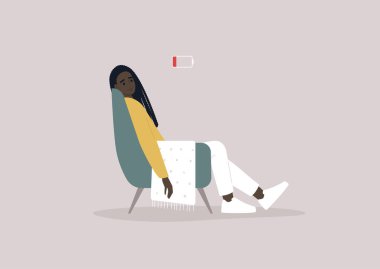 A young female Black exhausted character sitting in a chair with a low battery indicator above clipart