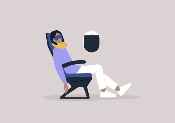 飛行中の快適な休息のための非常にリラックスした女性キャラクターの睡眠 旅行のコンセプト マスク — ストックベクタ
