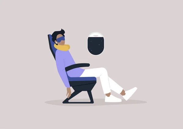 飛行中の快適な休息のための非常にリラックスした男性キャラクターの睡眠 旅行のコンセプト マスク — ストックベクタ
