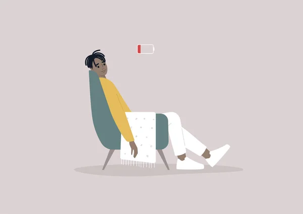 Young Male Black Exhausted Character Sitting Chair Low Battery Indicator — Stock Vector