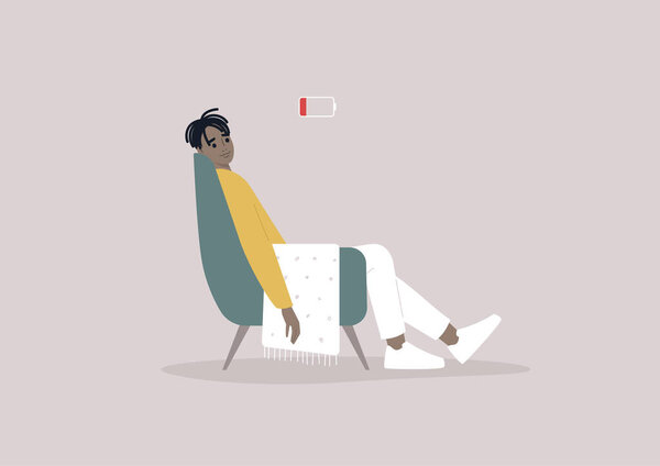 A young male Black exhausted character sitting in a chair with a low battery indicator above