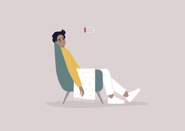 A young male exhausted character sitting in a chair with a low battery indicator above