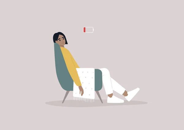 Uma Jovem Fêmea Exausta Personagem Sentado Uma Cadeira Com Indicador —  Vetores de Stock