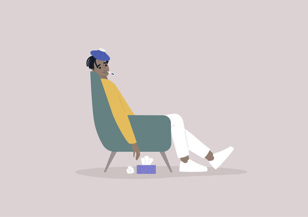 Covid-19 symptoms, a young male Black exhausted character sitting in an armchair with an ice bag on a forehead and a thermometer in his mouth