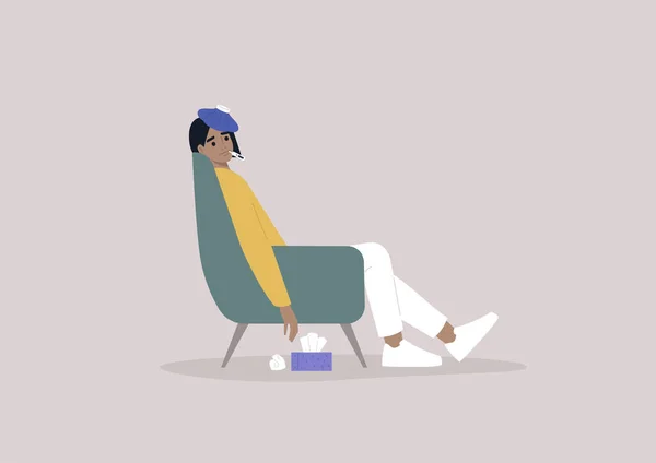 Covid Semptomları Koltukta Oturan Yorgun Bir Kadın Alnında Buz Torbası — Stok Vektör