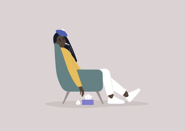 Symptômes Covid Une Jeune Femme Noire Épuisée Assise Dans Fauteuil — Image vectorielle