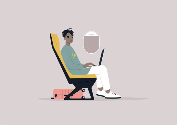 Joven Personaje Negro Trabajando Computadora Portátil Durante Vuelo Estilo Vida — Vector de stock