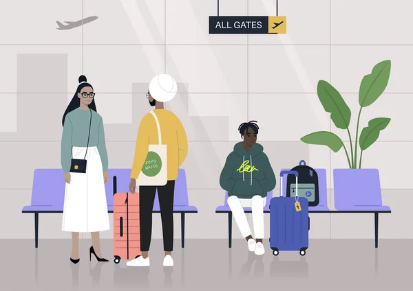 Wartebereich Flughafen Terminal Figuren Sitzen Und Stehen Mit Ihrem Gepäck — Stockvektor