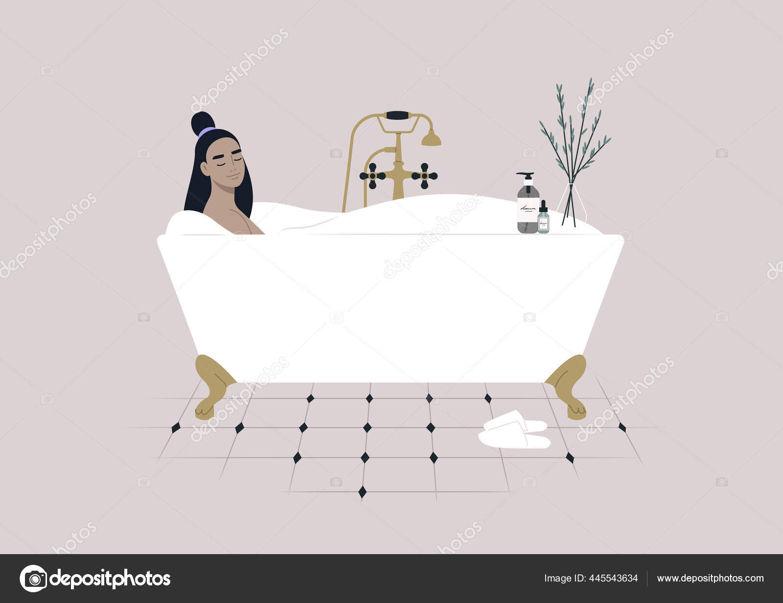 Young Female Character Taking Relaxing Bath Soap Foam Claw Foot