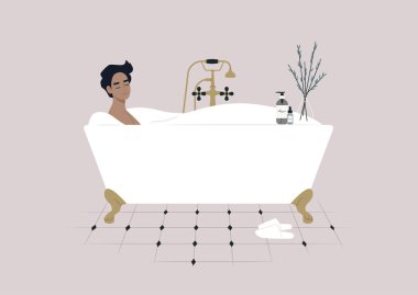 Genç bir erkek karakter sabun köpüğüyle rahatlatıcı bir banyo yapıyor. Pençe ayaklı eski bir küvet.