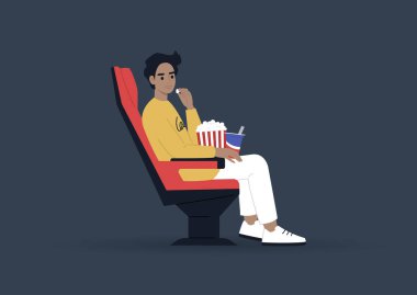 Genç erkek karakter abur cubur yiyor ve sinemada film izliyor. Eğlence konsepti.