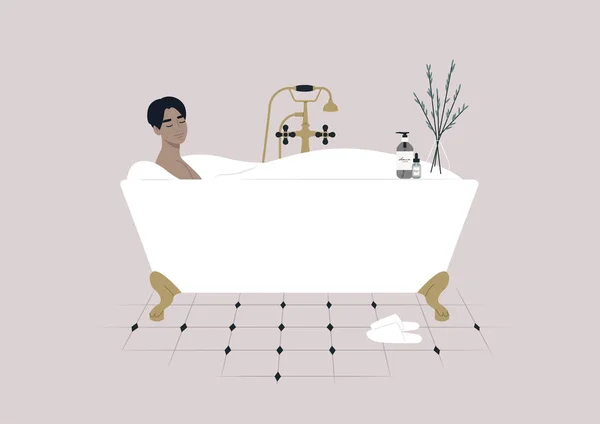 Genç Bir Erkek Karakter Sabun Köpüğüyle Rahatlatıcı Bir Banyo Yapıyor — Stok Vektör