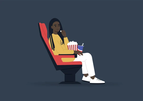 Joven Personaje Negro Comiendo Bocadillos Viendo Una Película Cine Concepto — Vector de stock