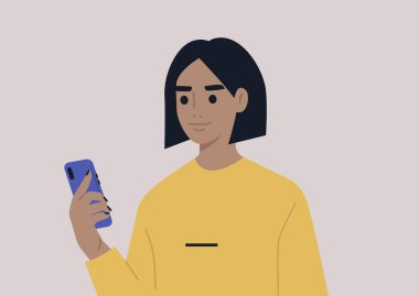 Bin yıllık günlük yaşam için cep telefonu kullanan genç bir kadın karakter.
