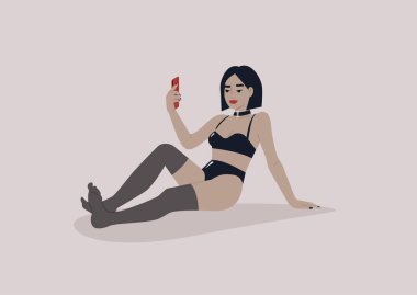 Siyah lateks iç çamaşırı giyen seksi kadın model, online yetişkin erotik endüstrisi, BDSM estetiği
