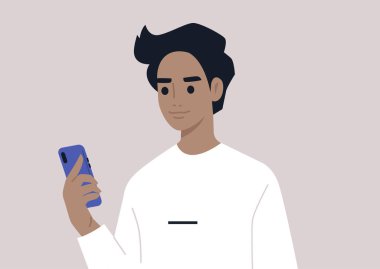 Bin yıllık günlük yaşam için cep telefonu kullanan genç bir erkek karakter.