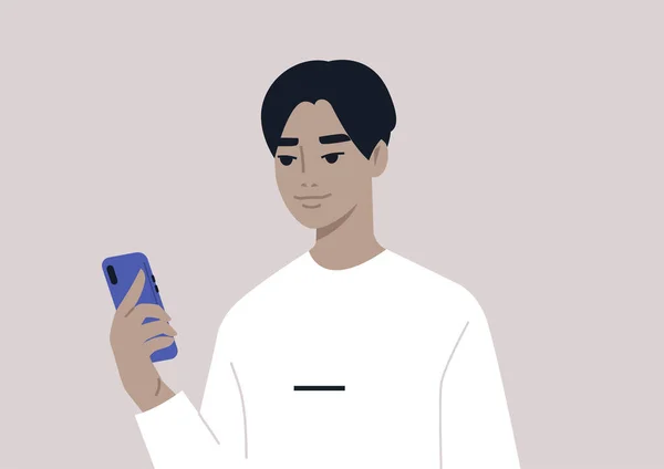 Seorang Laki Laki Muda Karakter Asia Menggunakan Ponsel Kehidupan Sehari - Stok Vektor
