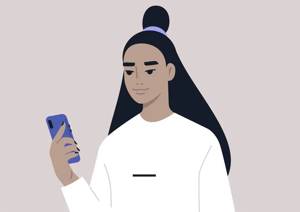 Giovane Personaggio Femminile Asiatico Utilizzando Telefono Cellulare Vita Quotidiana Millenaria — Vettoriale Stock
