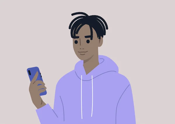 一个年轻的黑人男性角色用手机 一千年的日常生活 — 图库矢量图片