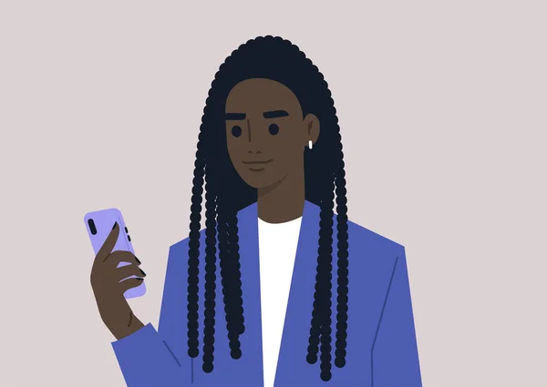 Een Jong Vrouwelijk Zwart Karakter Met Behulp Van Een Mobiele — Stockvector