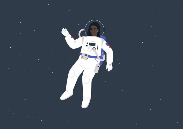 Jovem Astronauta Negra Usando Traje Espacial Flutuando Entre Estrelas — Vetor de Stock