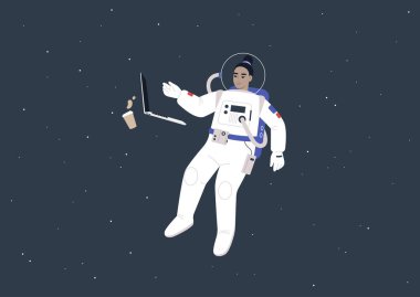 Uzayda dizüstü bilgisayarlarıyla çalışan Asyalı genç bir astronot kadın, fütüristik bir yaşam konsepti.