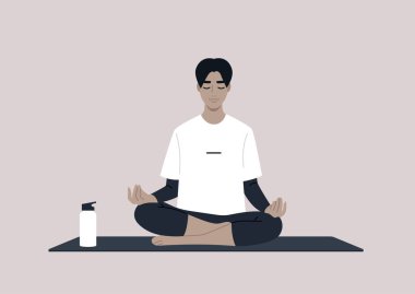Genç sakin erkek Asyalı karakter lotus yoga pozunda meditasyon yapıyor, düşünceli yaşam tarzı konsepti.