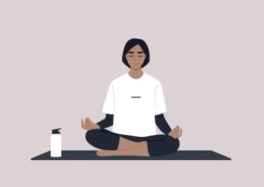 Nilüfer yogası pozisyonunda meditasyon yapan genç, sakin kadın karakter, dikkatli yaşam tarzı konsepti