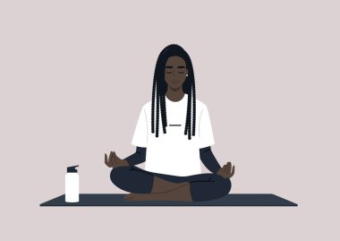 Genç, sakin kadın. Nilüfer çiçeği yoga pozunda meditasyon yapan siyah karakter. Düşünceli yaşam tarzı kavramı.