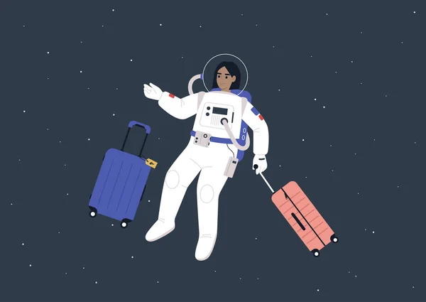 Space Tourism Concept Young Female Astronaut Spacesuit Traveling Luggage Outer — Stock Vector