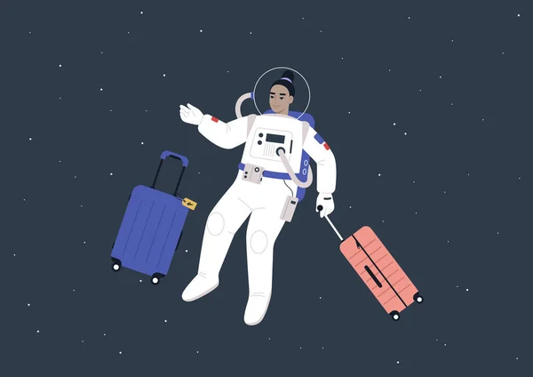 Weltraumtourismus Konzept Eine Junge Asiatische Astronautin Raumanzug Reist Mit Gepäck — Stockvektor