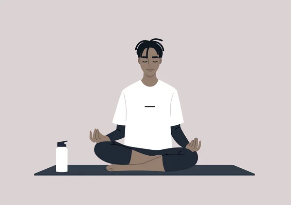 Jovem Calma Masculina Personagem Preto Meditando Uma Pose Ioga Lótus — Vetor de Stock