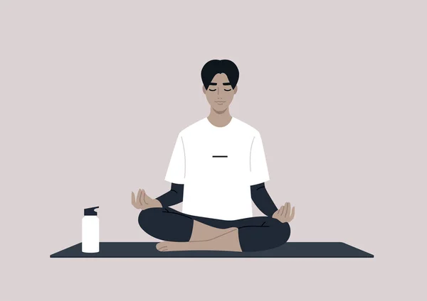 Joven Calma Personaje Asiático Masculino Meditando Una Pose Loto Yoga — Vector de stock