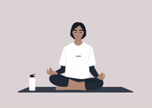 Joven Personaje Femenino Tranquilo Meditando Una Pose Loto Yoga Concepto — Vector de stock