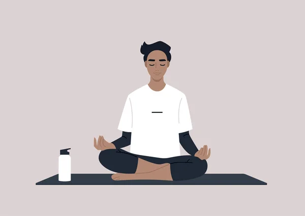 Jovem Calma Personagem Masculino Meditando Uma Pose Ioga Lótus Conceito — Vetor de Stock