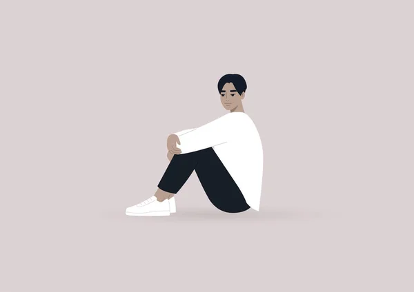 Eine Junge Männliche Asiatische Figur Sitzt Auf Dem Boden Und — Stockvektor