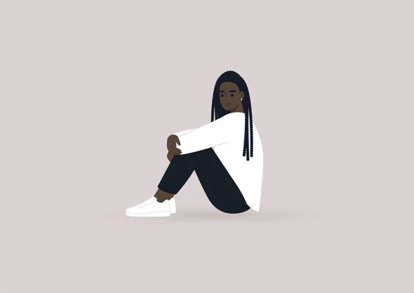 一个年轻的黑人女性角色坐在地板上 抱着膝盖 随意地在日常生活中出现 — 图库矢量图片