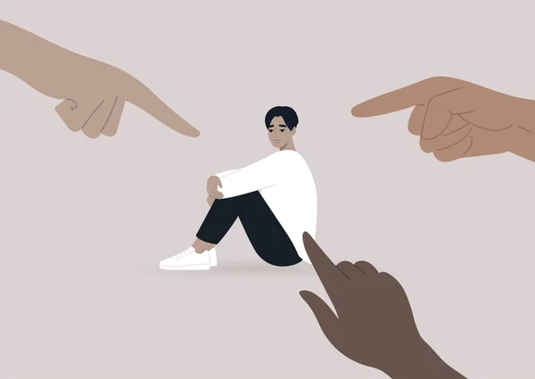 指责受害者 网络欺凌和其他形式的公共判断 一个年轻的亚洲男性角色被手指包围着 — 图库矢量图片