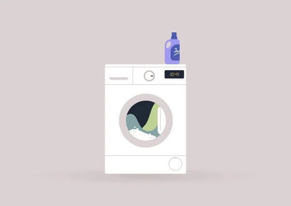 Huishoudelijke Taken Concept Een Wasmachine Geladen Met Kleurrijke Kleding — Stockvector