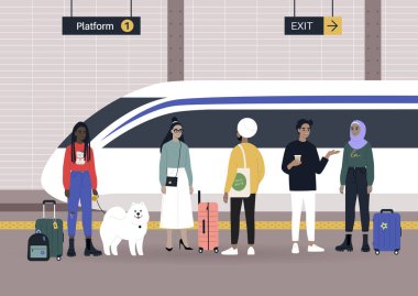 Tren istasyonu, bir platformda bekleyen çeşitli yolcular, seyahat konsepti.