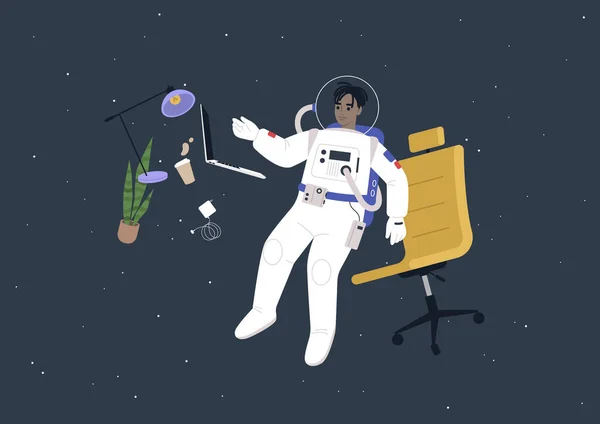 Ένας Νεαρός Μαύρος Αστροναύτης Διαστημική Στολή Που Δουλεύει Στο Λάπτοπ — Διανυσματικό Αρχείο