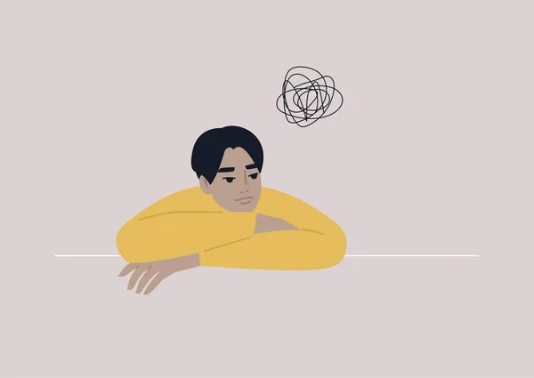 一个年轻困惑的亚洲男性人物的心理画像 一个焦虑和抑郁的概念 心理治疗 — 图库矢量图片