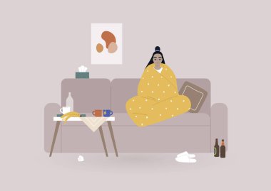 A young female Asian character wrapped in a blanket sitting on a sofa surrounded by tea mugs and food leftovers, depression and anxiety concept, mental health issues, daily life during lockdown  clipart