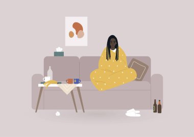 Genç bir kadın siyahi karakter, çay fincanları ve yemek artıklarıyla çevrili bir kanepede oturuyor. Depresyon ve endişe konsepti, zihinsel sağlık sorunları, tecrit süresince günlük yaşam. 